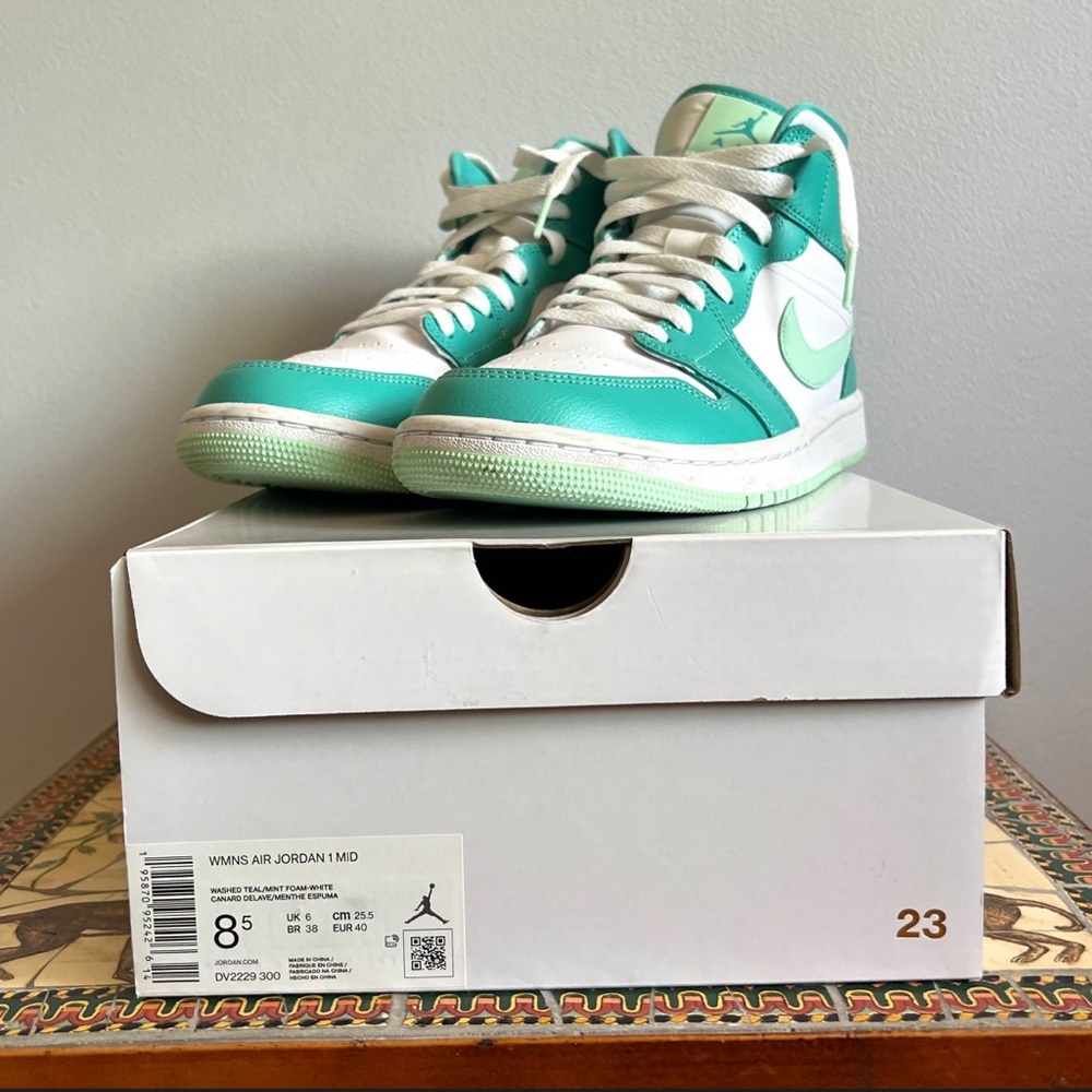 Nike Air Jordan 1 Mid Teal and White Sneakers - Picture 6 of 16